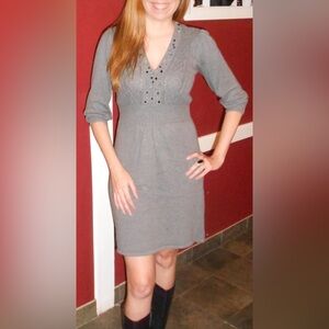 Max and Cleo Knit Sweater Gray Beaded 3/4 Sleeve Dress